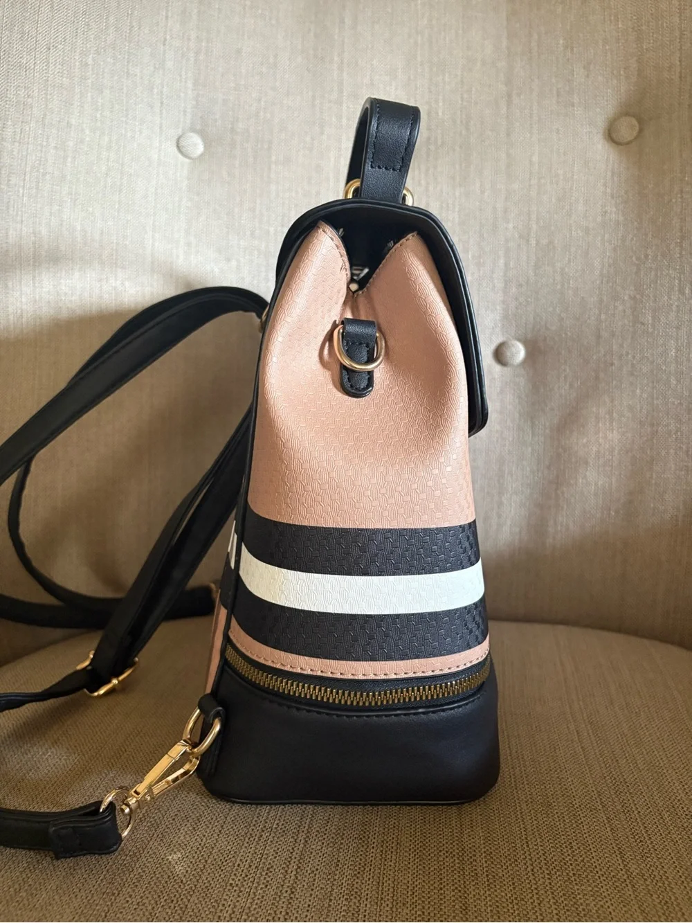 Striped Panel Handbag Backpack and Wallet Set - Black and Tan